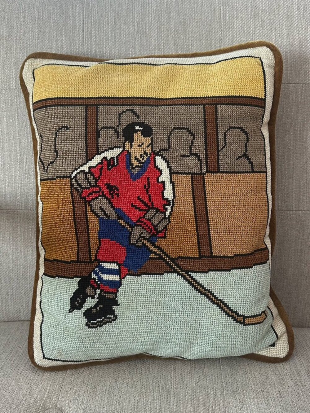Hockey Needlepoint Pillow Vintage